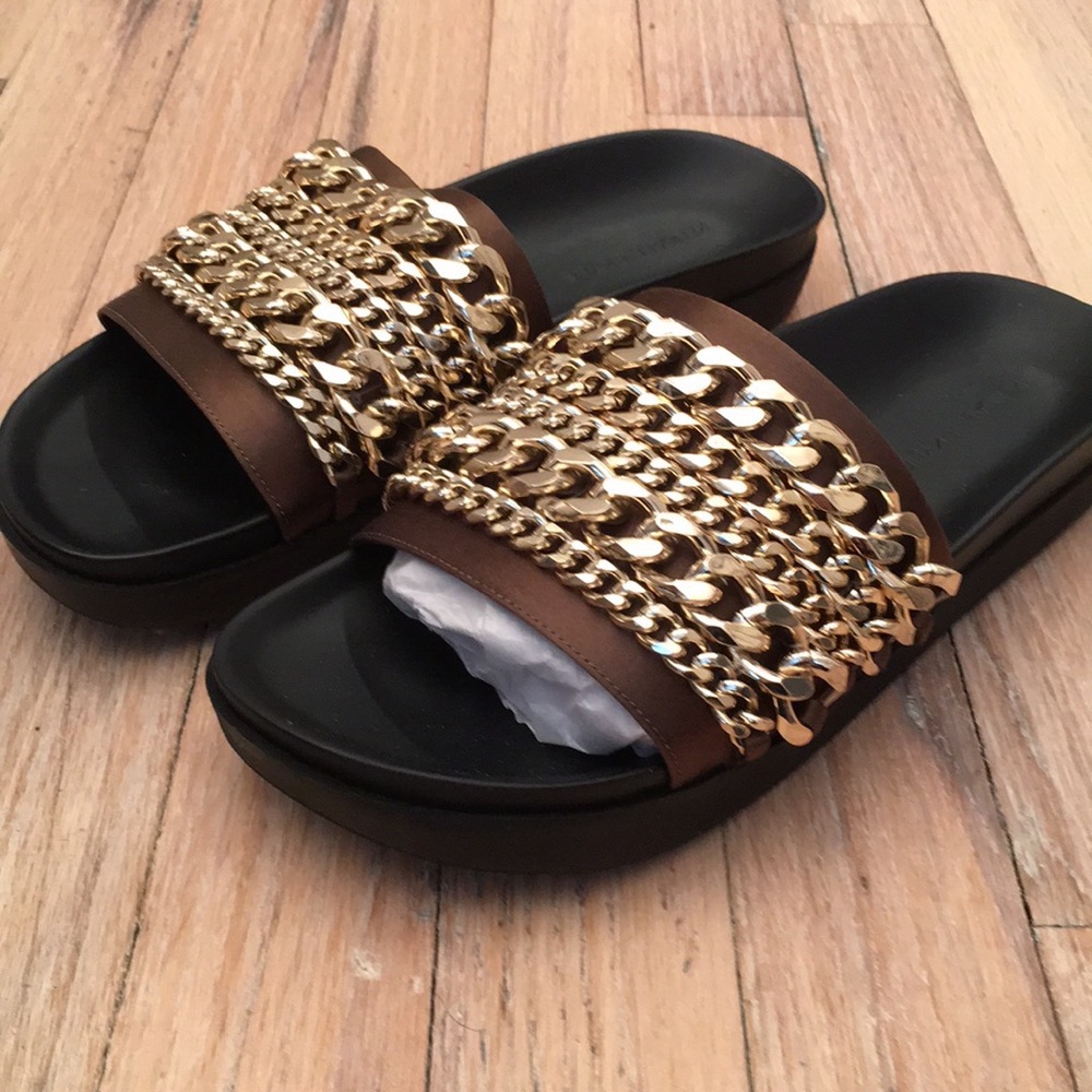 Kendall & Kylie olive green brown leather slides
